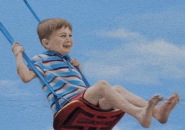 Détail d'une fresque murale: un garçon joue sur une balançoire. Viry, Jura (39).