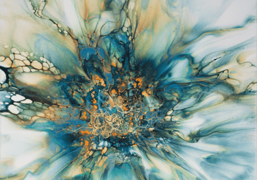 An abstract bloom featuring watercolor features with blue, orange, gold, and black