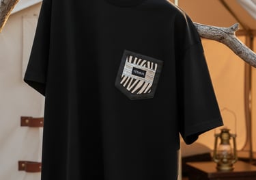 Black crewneck t-shirt with a zebra print pocket hanging on a branch outside a luxury camping tent.