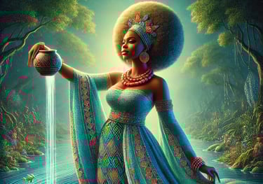 a woman in a blue dress holding a vase with water