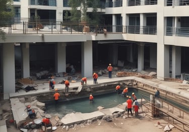 A large building with classic architectural features, including arched window frames and ornate detailing, is under renovation. Scaffolding is erected along the side, reaching up to the roof. The building has a muted, aged facade with multiple windows, some of which are open.