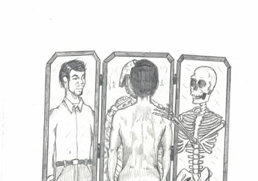 a drawing of a man standing in front of a skeleton