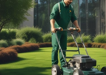 Jardineiro da Venerra Facilities cortando grama de empresa com maquina em São Paulo