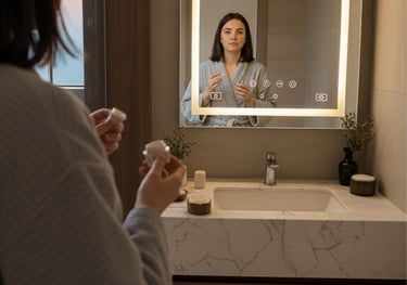 a woman in a robe is looking at her reflection in the mirror Nour Nagy Designs