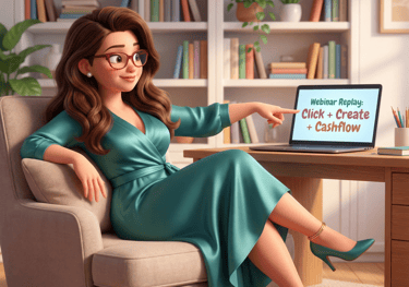 woman lounging in office pointing to a webinar replay on a tablet on desk