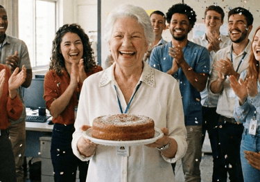 Imagem de uma servidora pública de em torno de 60 anos na festa de sua aposentadoria