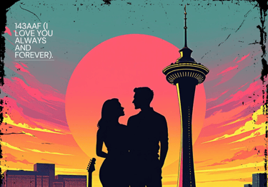 a couple standing in front of a sunset