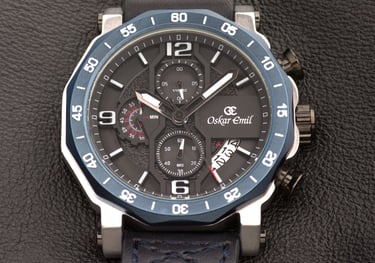 Watch photography image of the face of a watch in close up on a leather background.