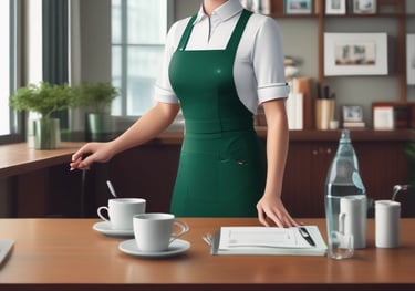 Copeira da Venerra organizando mesa de café e água em sala de reunião empresarial em São Paulo