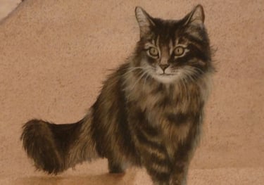 Détail d'une peinture murale: un chat à poils long marche face à nous. Arinthod, Jura 39.