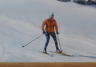 Détail d'une peinture décorative: un skieur (ski de fond) dans le Haut-Jura. Lajoux, Jura, 39.