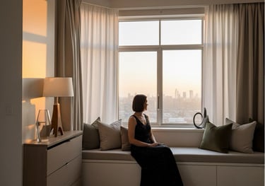 a woman sitting on a window sill with a view of a city Nour Nagy Designs