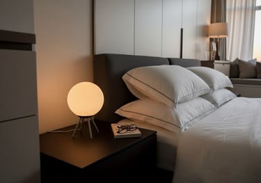a bed with a lamp on top of it Nour Nagy Designs