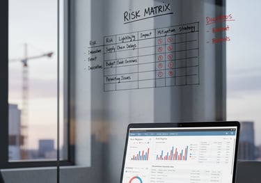 Risk management matrix and analysis for construction project oversight.