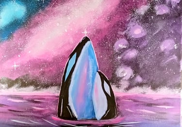 a painting of two whales with. a galaxy background