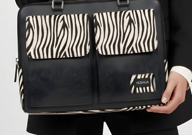 Professional woman in a black blazer holding a designer zebra print laptop bag with leather handles.