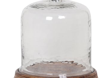 a glass cake cover dome with a wooden base