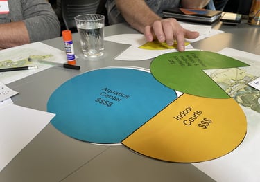 a man sitting at a table with a pie chart