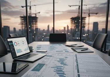 Project manager reviewing plans and schedules for construction delivery.