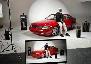 mercedes vintage rouge dans un studio fond blanc