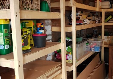 a garage with shelves