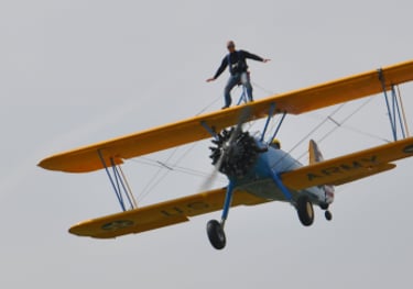 vintage Boeing Stearman biplane used for wing walking, Damyns Hall Aerodrome, London, United Kingdom