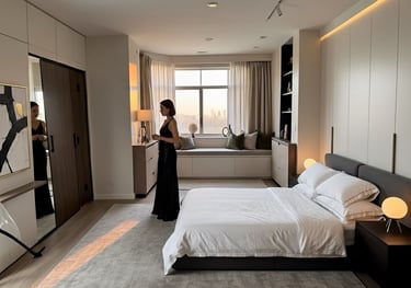 a woman in a black dress standing in a bedroom Nour Nagy Designs