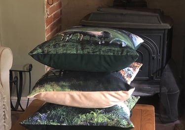 stack of linen look, velvet back cushions featuring photographic landscape prints