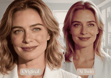 An image of a real woman and her ai twin in the background