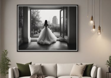 quinceanera in a white dress is standing in front of a large picture frame
