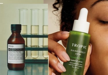 Editorial collage combining skincare science and natural beauty — featuring a serum bottle, orange slice, botanical 