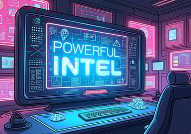 a computer monitor with the display "powerful intel"