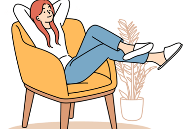 a woman sitting in a chair with her feet up