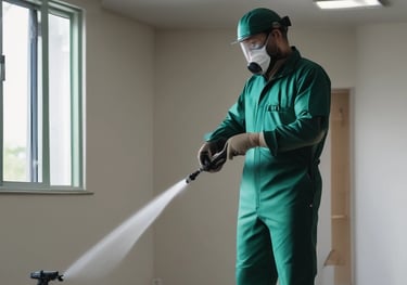 Dedetizador da Venerra Facilities com máscara e luvas aplicando inseticida em rodapé em São Paulo