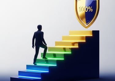 real estate agent silhouette ascending glowing stairs toward a 100% shield, representing broker cap