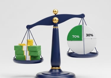 a balance scale comparing a stack of money to a commission pie chart, representing a broker split