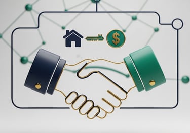 a professional handshake over a network graph, symbolizing a real estate referral agreement