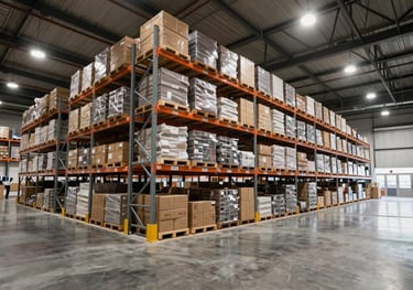 A vast, modern warehouse interior with high ceilings and organized shelving units. The floor is polished concrete reflecting Soft White overhead lights.