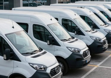 A row of clean, modern delivery vans parked in a perfect line at a terminal. The vans are Soft White with subtle Deep Navy branding visible.