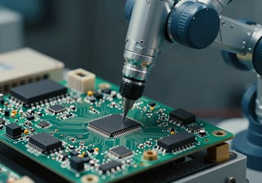 A detailed close-up of sophisticated electronic circuit boards being handled by a precision robotic arm. Palette focuses on Muted Teal and Deep Navy tones.
