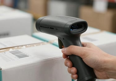 A close-up shot of a barcode scanner in use on a package within a distribution center. The background is a clean Soft White with Muted Teal accents.
