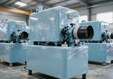 Industrial machinery units wrapped in protective film inside a bright, clean warehouse. Lighting is natural and clear, showing a Pale Blue hue.