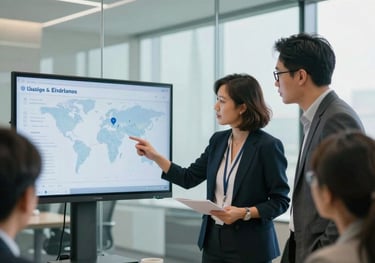 A pair of professionals in a bright, modern glass-walled conference room discussing strategy over a digital display. Global / English-speaking leadership context.