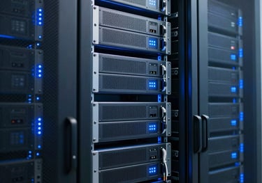 A secure, modern server room with blue LED lighting on the hardware racks, representing high-level cybersecurity. Clean and professional photography. Global / English-speaking infrastructure.