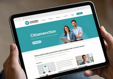 A focus on a digital tablet displaying a user-friendly citizen portal interface, held by a professional. Global / English-speaking government service context.