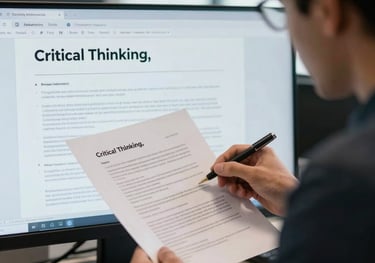 A person in a professional office reviewing a document on a screen labeled 'Critical Thinking,' with soft natural light. Global / English-speaking professional setting.