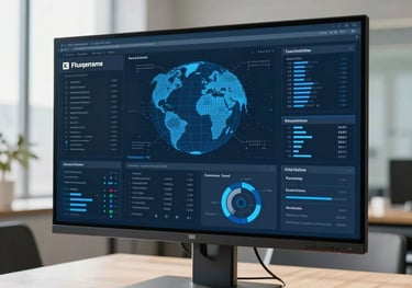 A bright, professional setting showing a modern data visualization dashboard on a large monitor in a sunlit meeting room. Global / English-speaking corporate context with blue accents.