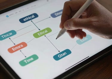 A close-up of a professional using a stylus on a high-resolution tablet to navigate an ethical decision-making tree. Focused lighting on the screen. Global / English-speaking business environment with a focus on technology.