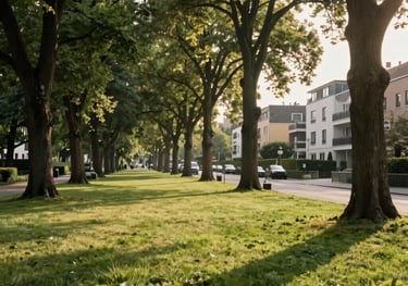 A high-end photograph of a tranquil park with lush green lawns and tall old trees, near a modern upscale residential street in Germany, soft warm morning light, premium atmosphere, forest green and warm beige tones.