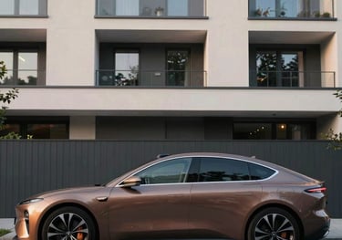 A luxury electric sedan parked in front of an elegant contemporary residential building in Germany, clean architectural design, soft evening light, muted charcoal and warm bronze tones.